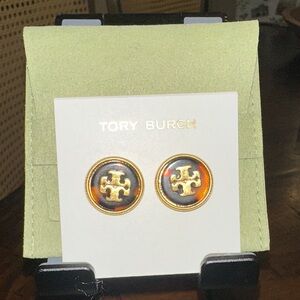 Tory Burch Brown and Gold Logo Earrings